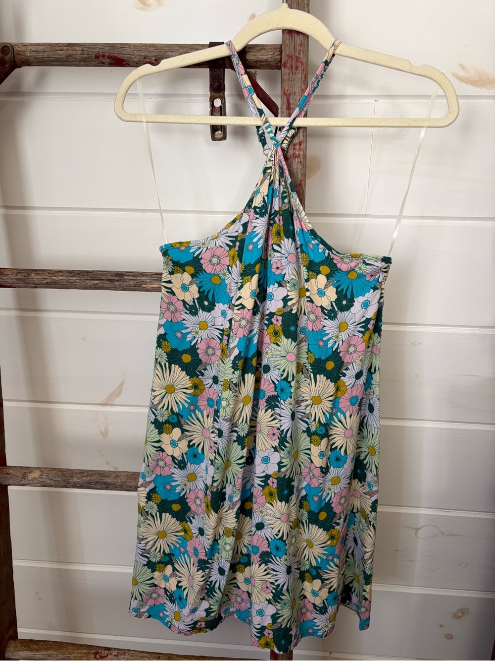 SO Teal Floral Halter Mini Dress with Pastel Accents